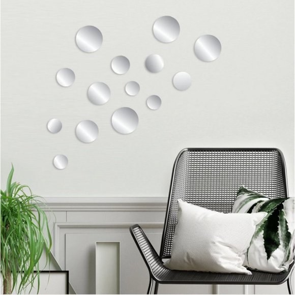 14Pc Peel & Stick Self-Adhesive Silver Circle Wall Acrylic Mirror Decals - Picture 1 of 5